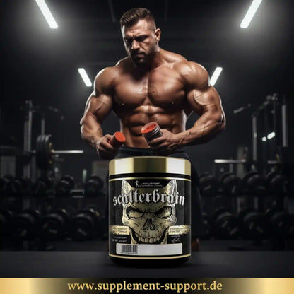 Scatterbrain Pre-Workout Booster mit Muskelmann im Fitnessstudio, Protein & Vitamine für Sportler