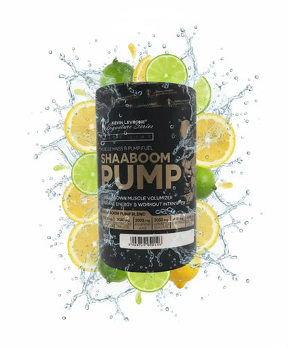 Kevin Levrone Shaaboom Pump Booster Dose vor Zitronen, Limetten und Wasserspritzern