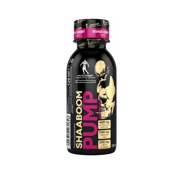 Kevin Levrone Shaaboom Pump Shot 120ml Flasche, schwarze Verpackung, Orange-Cherry Geschmack