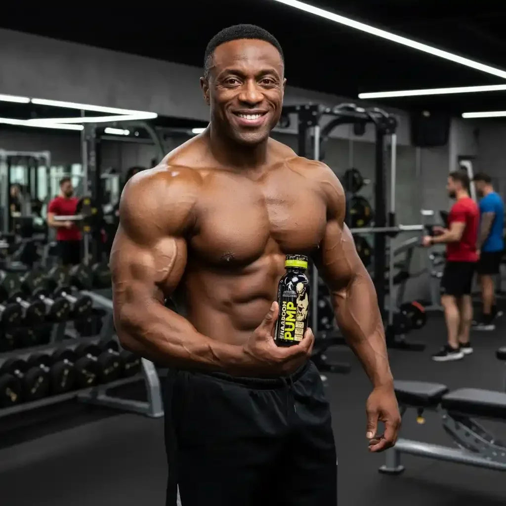Muskulöser Mann im Fitnessstudio mit Pre-Workout Booster Flasche, Protein & Trainingssupport