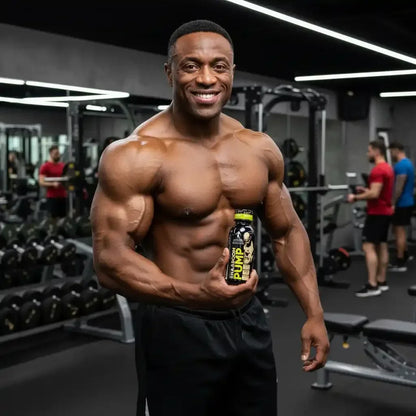 Muskulöser Mann im Fitnessstudio mit Pre-Workout Booster Flasche, Protein & Trainingssupport