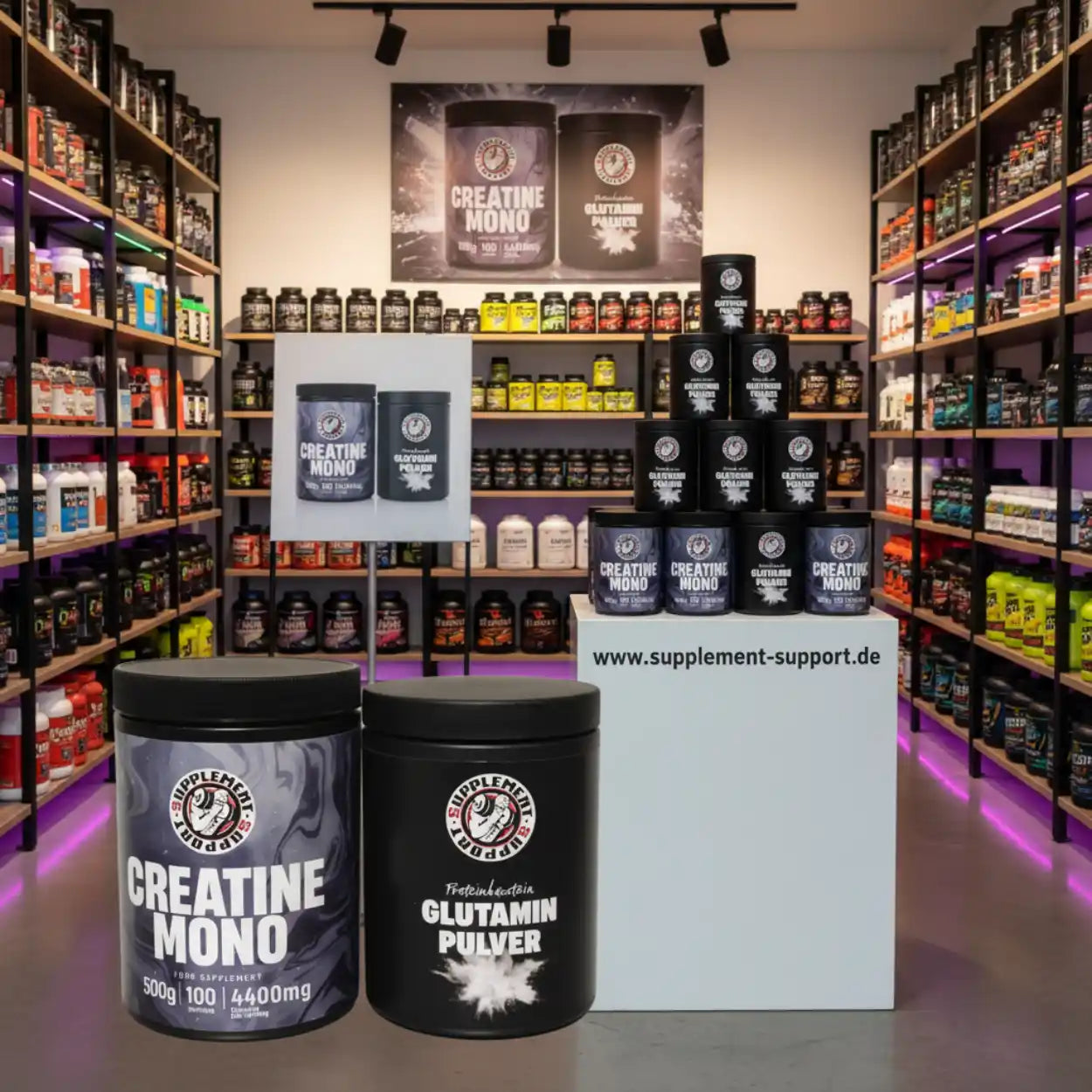 Creatine Mono und Glutamin Pulver im Supplement-Shop, hochwertige Sportnahrung und Nahrungsergänzungsmittel