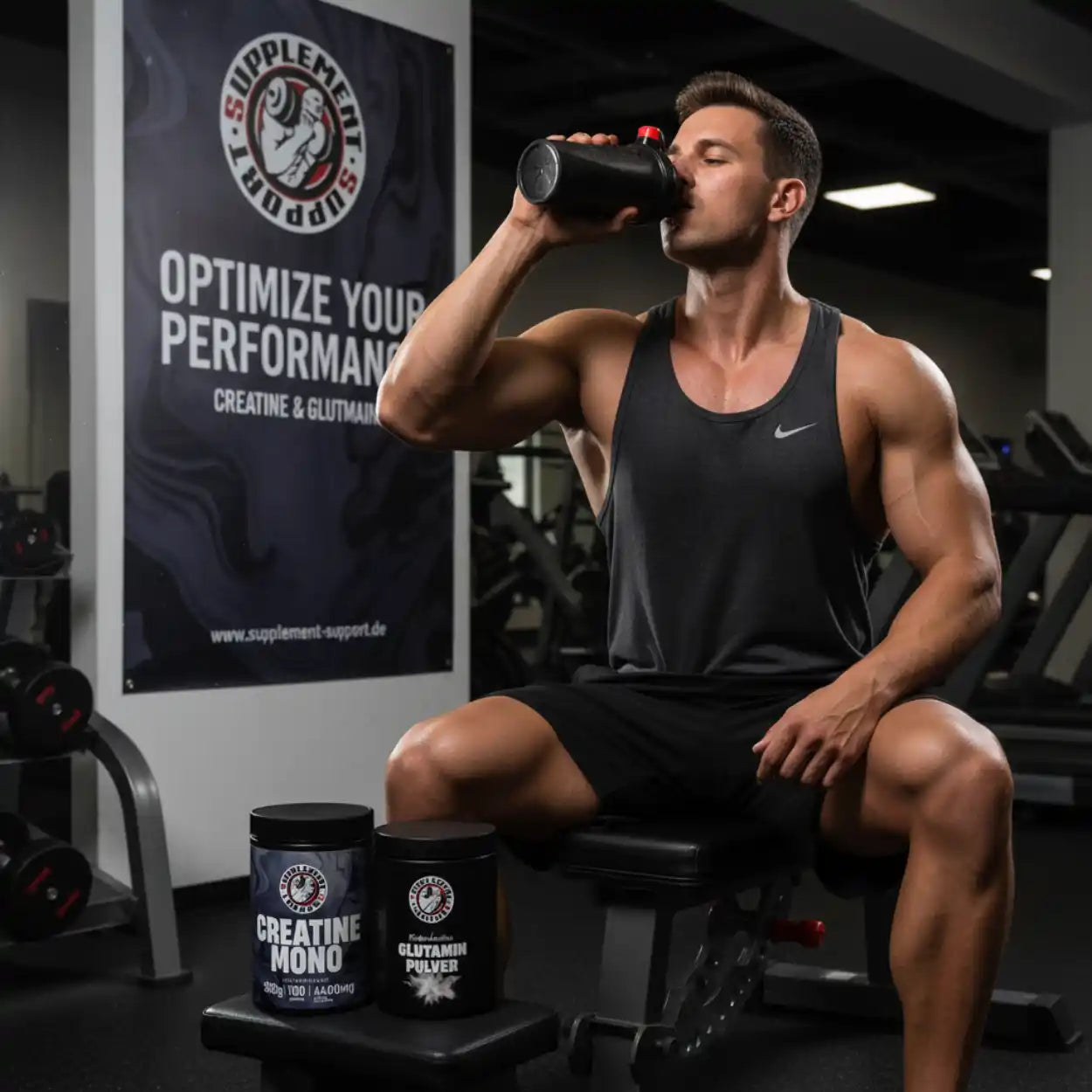 Muskulöser Mann trinkt Protein-Shake im Fitnessstudio mit Creatine Mono und Glutamin Pulver