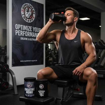 Muskulöser Mann trinkt Protein-Shake im Fitnessstudio mit Creatine Mono und Glutamin Pulver