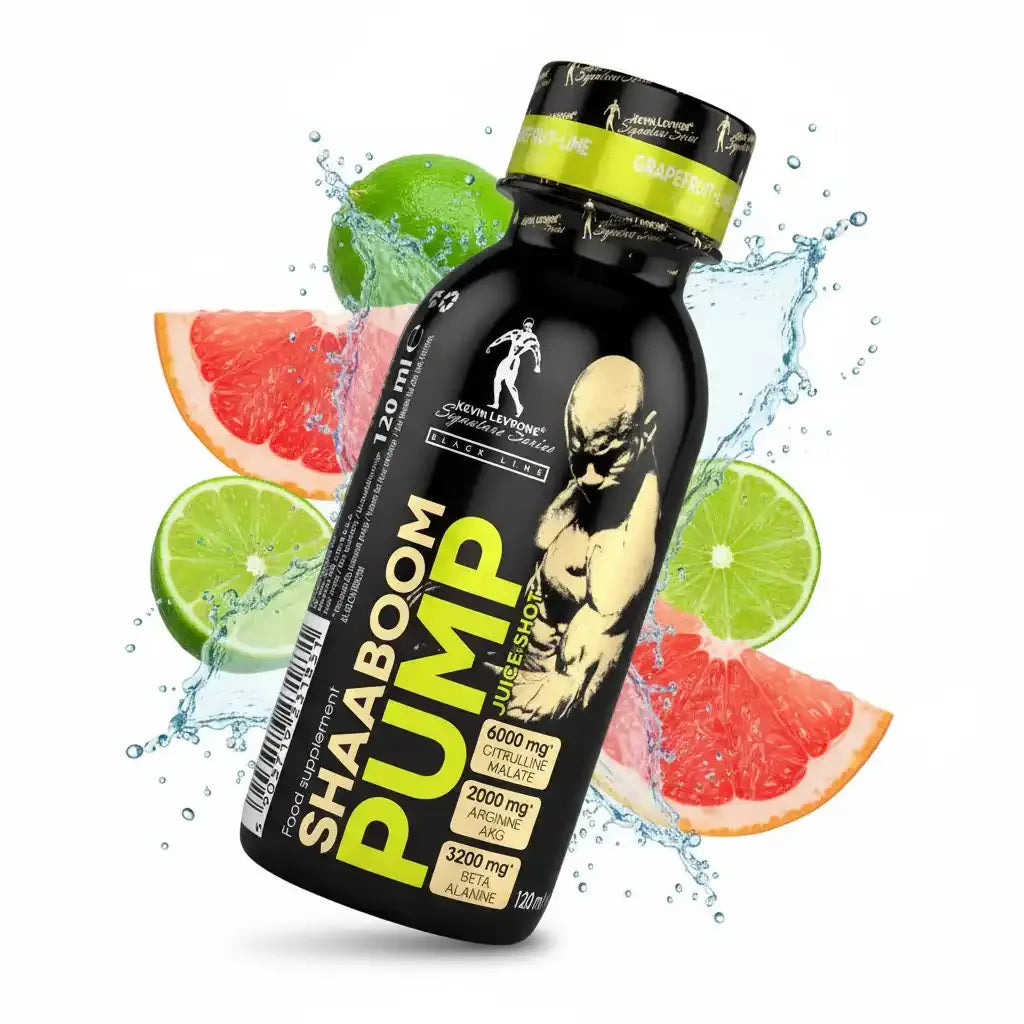 Levrone Shaaboom Pump Juice Shot Grapefruit Limette 120ml, Flasche vor Fruchtscheiben, Spritzwasser