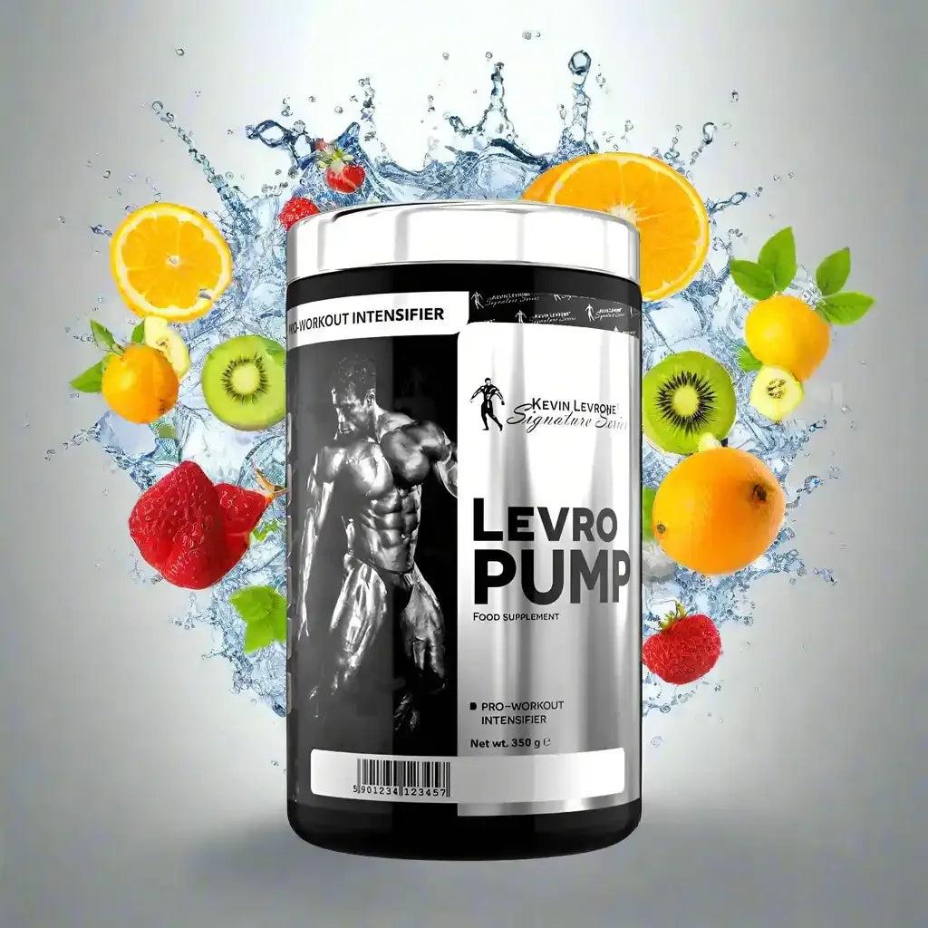 LevroPump Trainingsbooster Dose vor Spritzwasser und frischem Obst wie Kiwi, Orange, Erdbeere