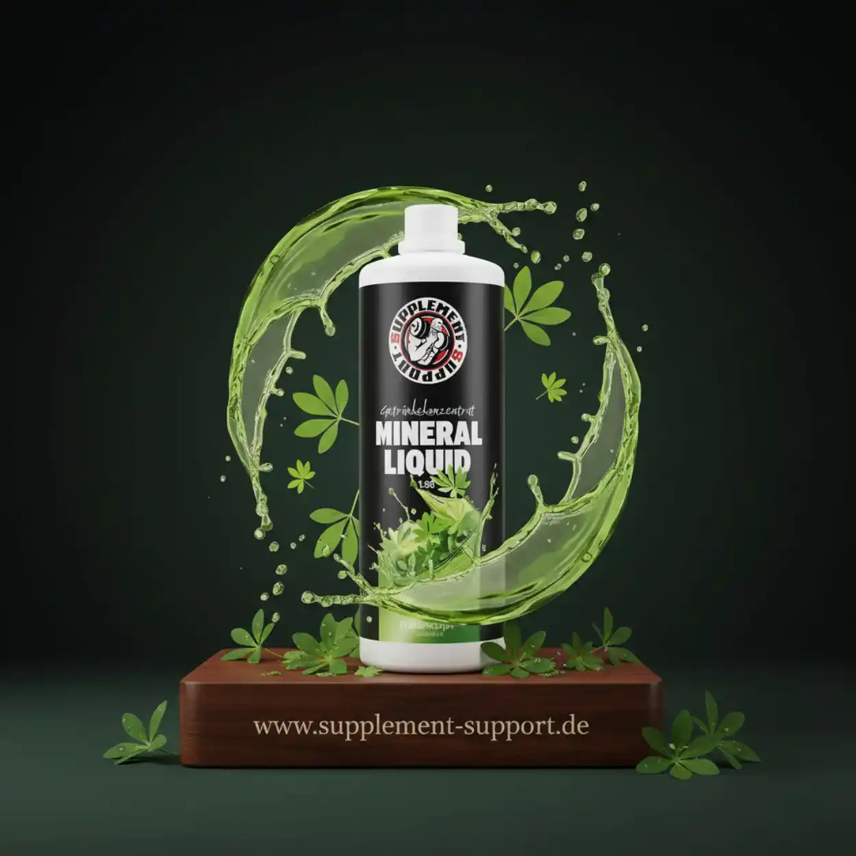 Mineral Liquid Nahrungsergänzungsmittel mit grünem Splash und Blättern auf Holzsockel