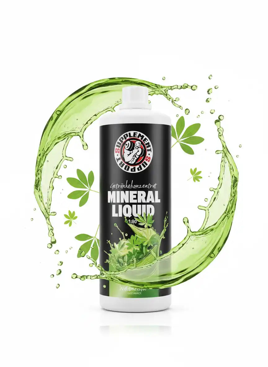 Mineral Liquid Getränkekonzentrat mit grüner Flüssigkeit und Blättern, Nahrungsergänzungsmittel