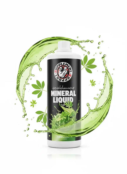 Mineral Liquid Getränkekonzentrat mit grüner Flüssigkeit und Blättern, Nahrungsergänzungsmittel