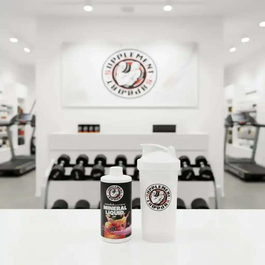 Mineral Liquid Nahrungsergänzungsmittel und Shaker im Fitnessstudio
