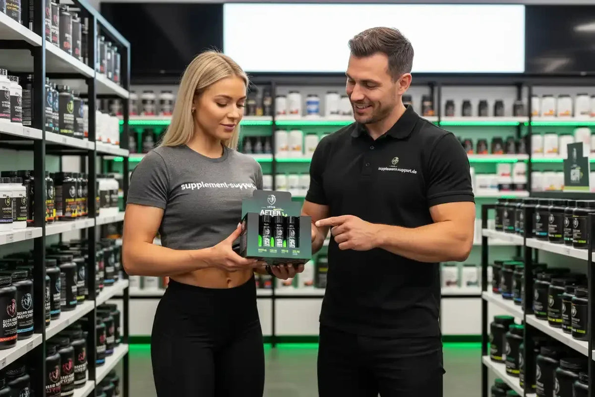 Mann und Frau mit Nahrungsergänzungsmitteln im Supplement-Shop, Protein, Vitamine, Booster