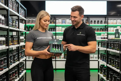 Mann und Frau mit Nahrungsergänzungsmitteln im Supplement-Shop, Protein, Vitamine, Booster