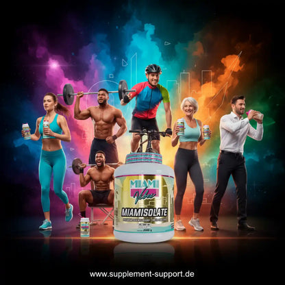 MIAMI VIBES Miamisolate 2000g Protein-Pulver mit verschiedenen Sportlern im Hintergrund.