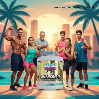 MIAMI VIBES MiamIsolate Protein-Pulver 2000g vor einer Gruppe sportlicher Menschen im Miami-Stil.