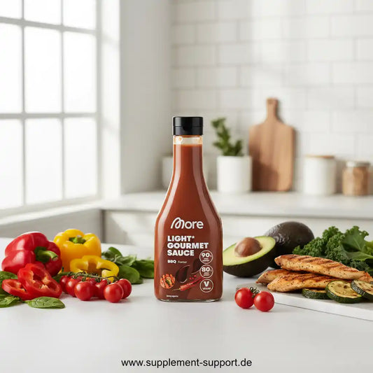BBQ Light Gourmet Sauce in moderner Küche, umgeben von frischem Gemüse, Avocado und Hähnchen