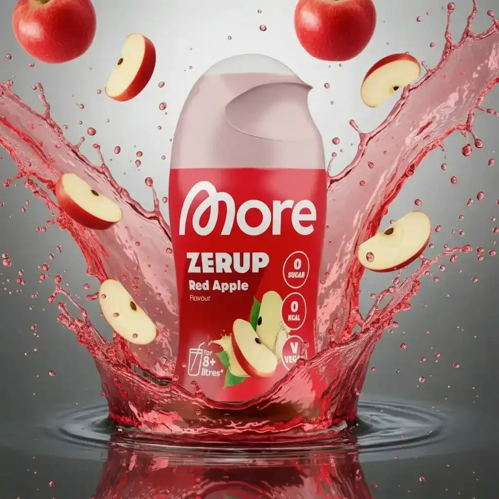 More Zerup Red Apple Geschmack – zuckerfrei, kalorienarm, vegan, mit Apfelscheiben und Spritzern