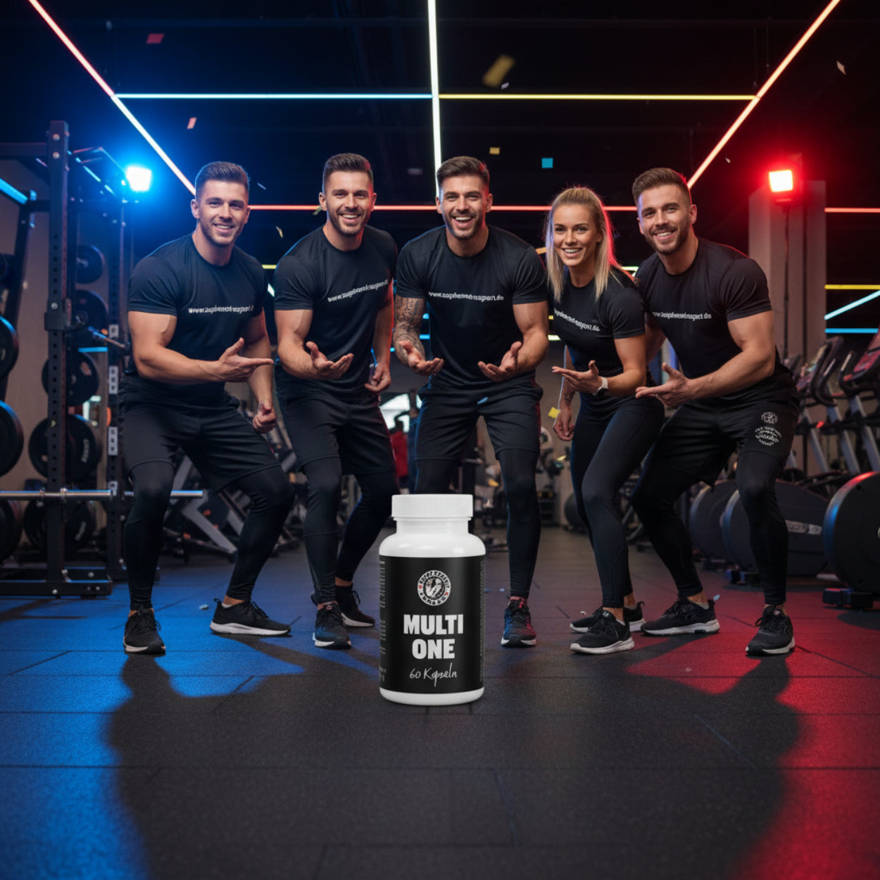 Multi One Vitamin-Kapseln vor Fitness-Team im Studio – Nahrungsergänzung für Sportler