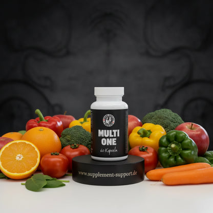 MULTI ONE Nahrungsergänzungsmittel mit 60 Kapseln, umgeben von frischem Obst und Gemüse