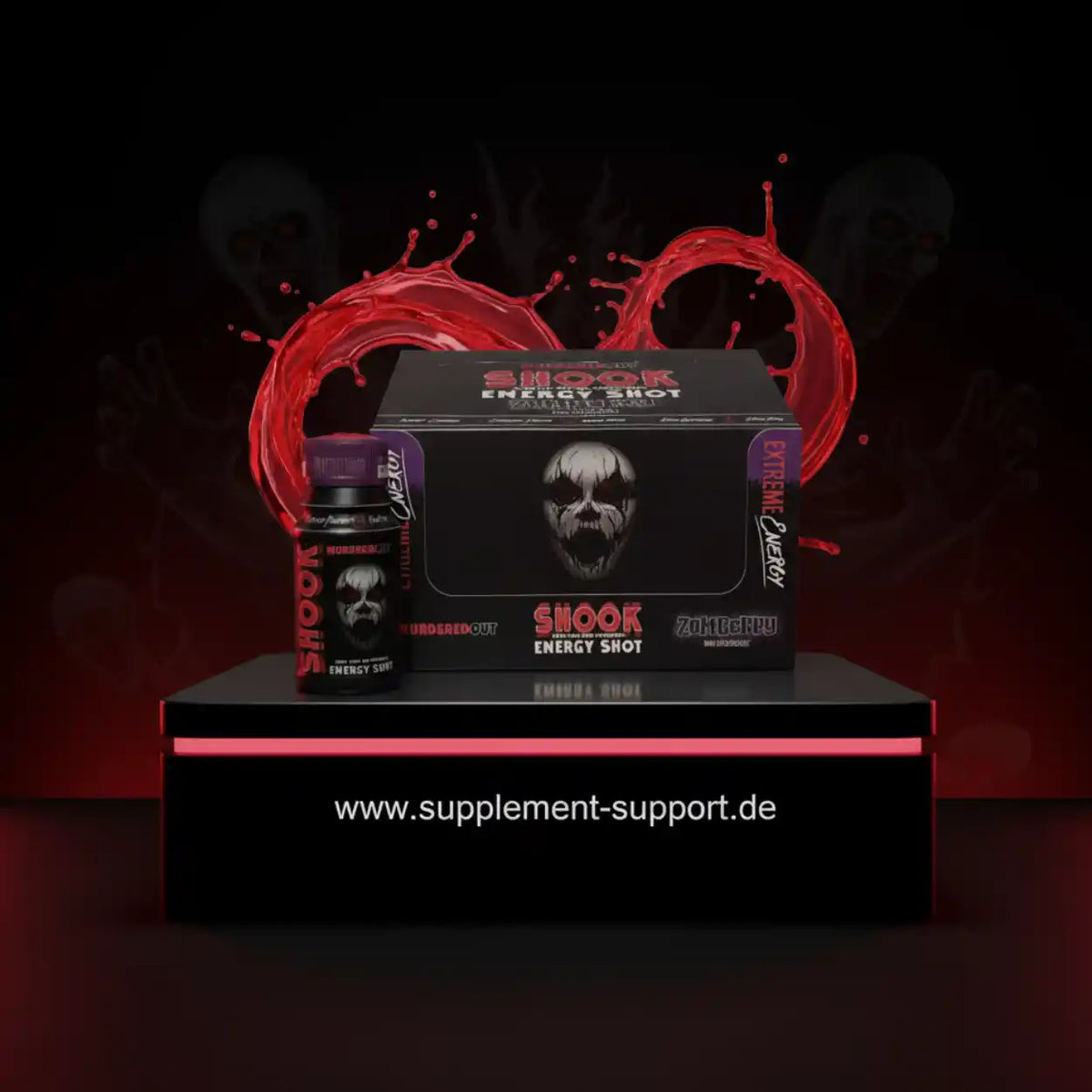 SHOOK Energy Shot mit Zombie-Design, extreme Energie für Sportler, roter Splash-Effekt
