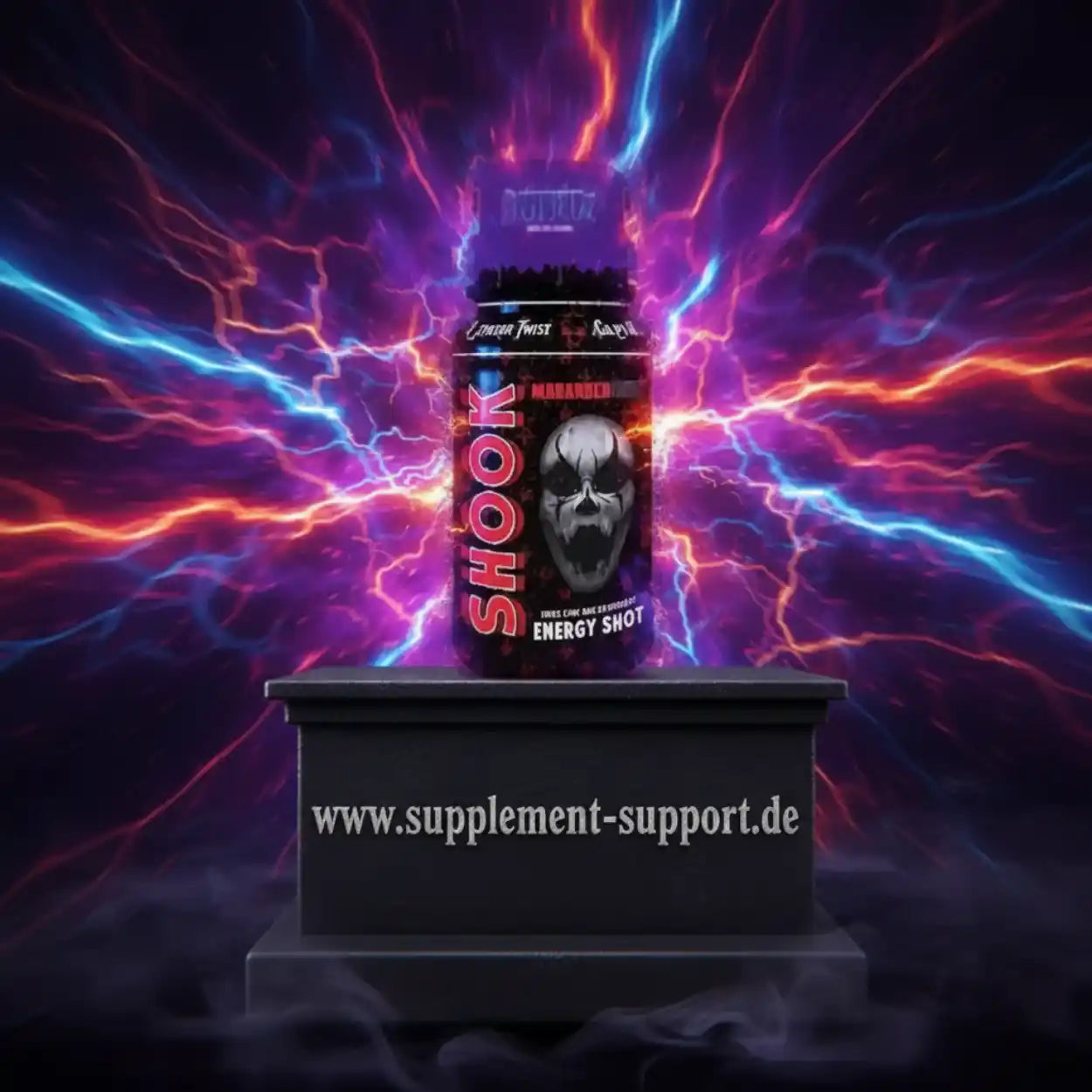 SHOOK Energy Shot mit Schädel-Design, leuchtendem Hintergrund und Blitz-Effekten, ideal für Sport und Energie
