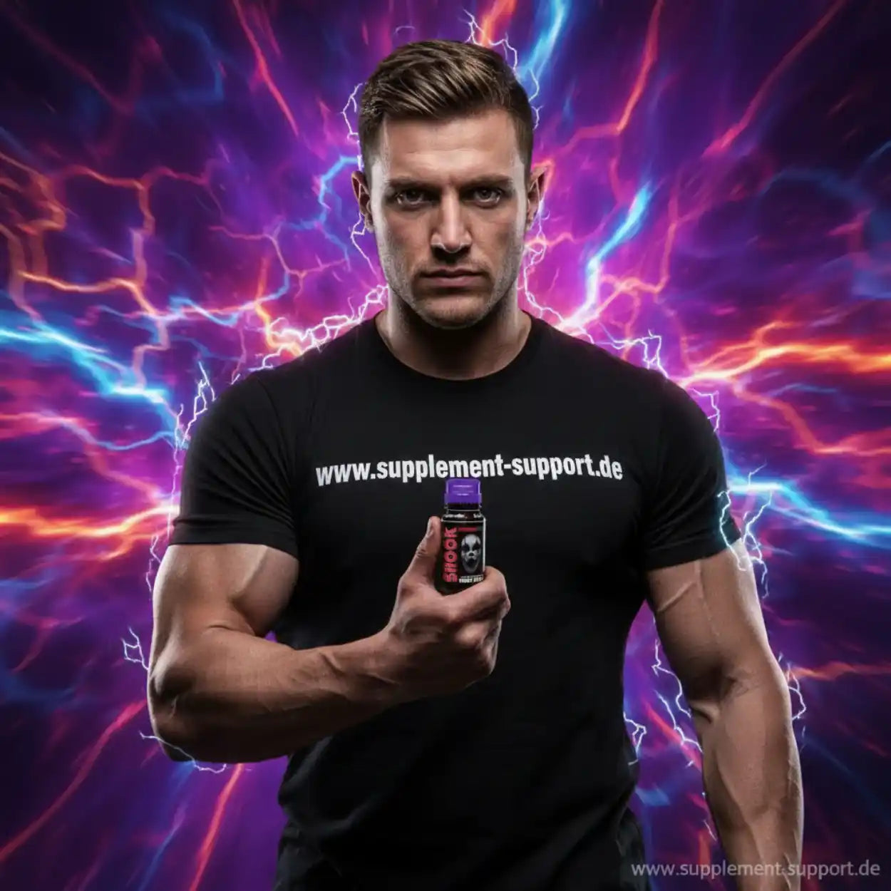 Muskulöser Mann mit Energie-Booster-Flasche vor leuchtendem Blitz-Hintergrund