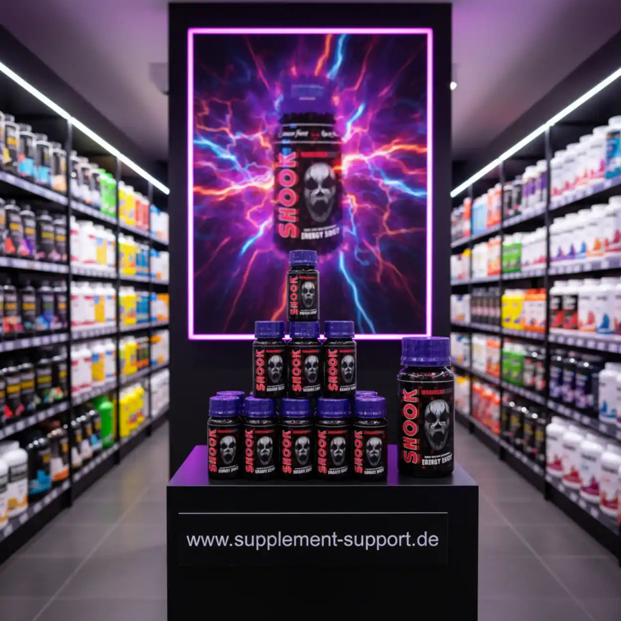 SHOOK Energy Shot im Supplement-Store – Energiebooster mit leuchtendem Display und Regalen voller Nahrungsergänzung
