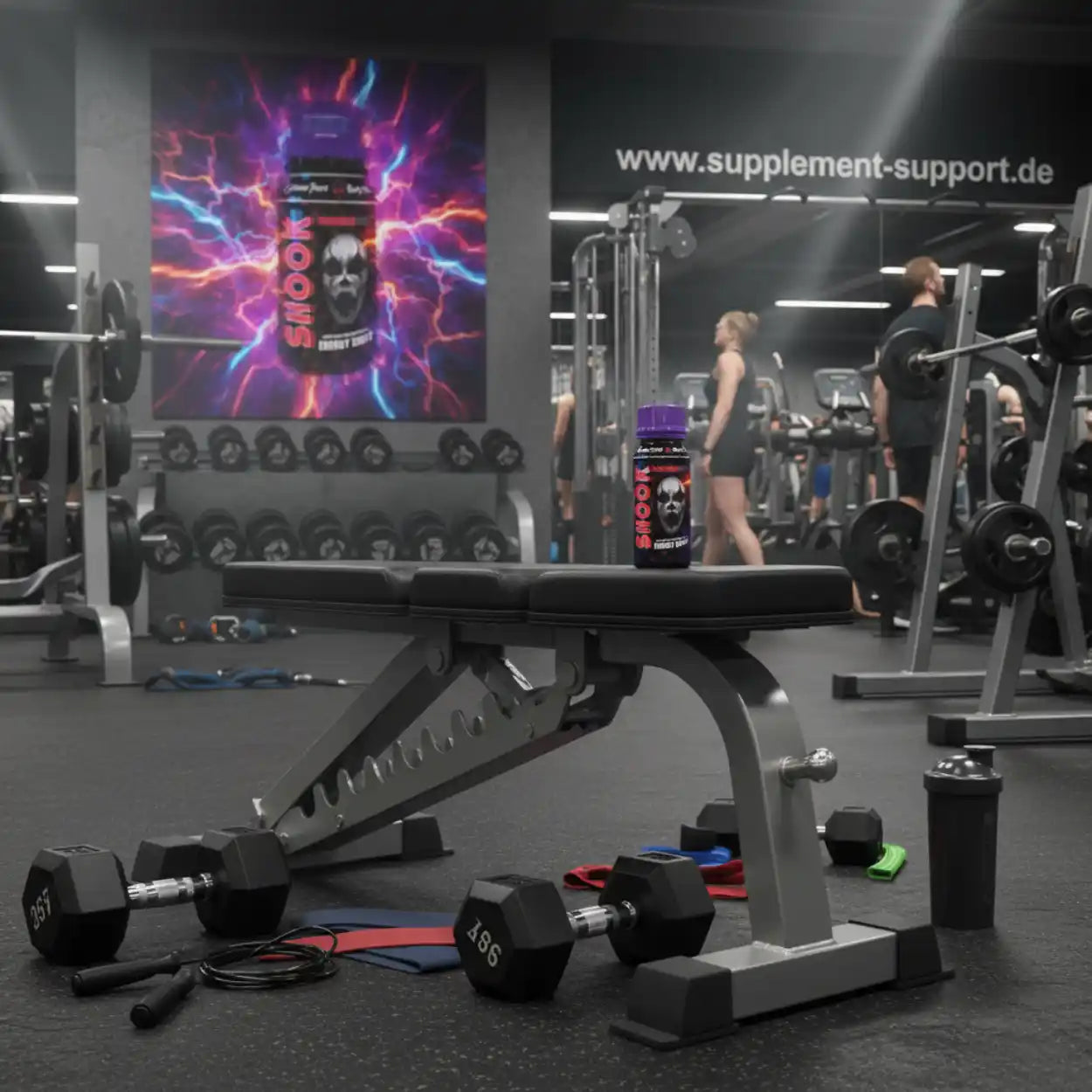 SMOOK Energy Drink auf Bank im Fitnessstudio mit Hanteln und Trainingsgeräten