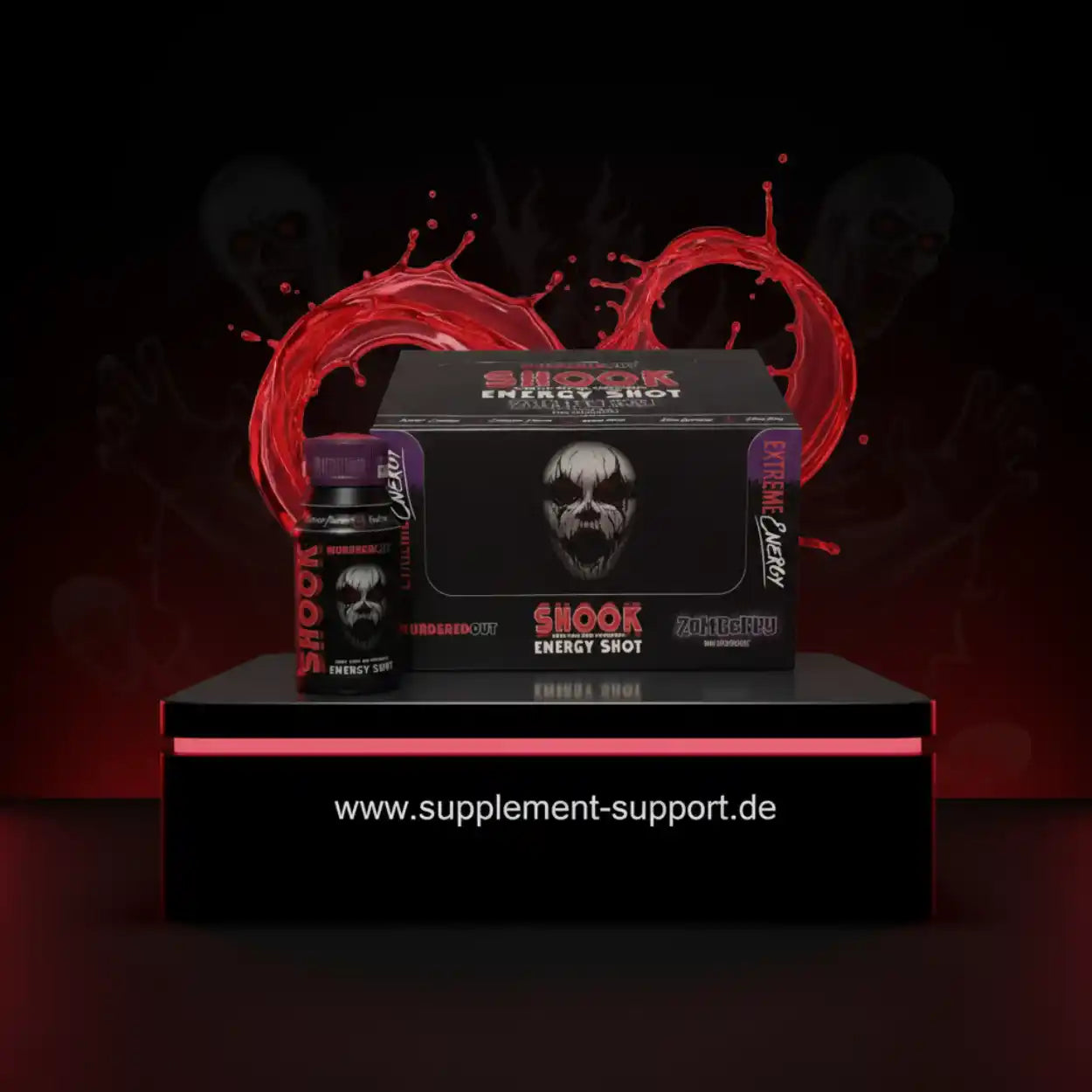 SHOOK Energy Shot mit Zombie-Design, extreme Energie für Sportler, roter Splash-Effekt