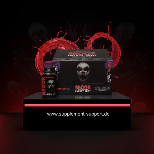 SHOOK Energy Shot mit Zombie-Design, extreme Energie für Sportler, roter Splash-Effekt