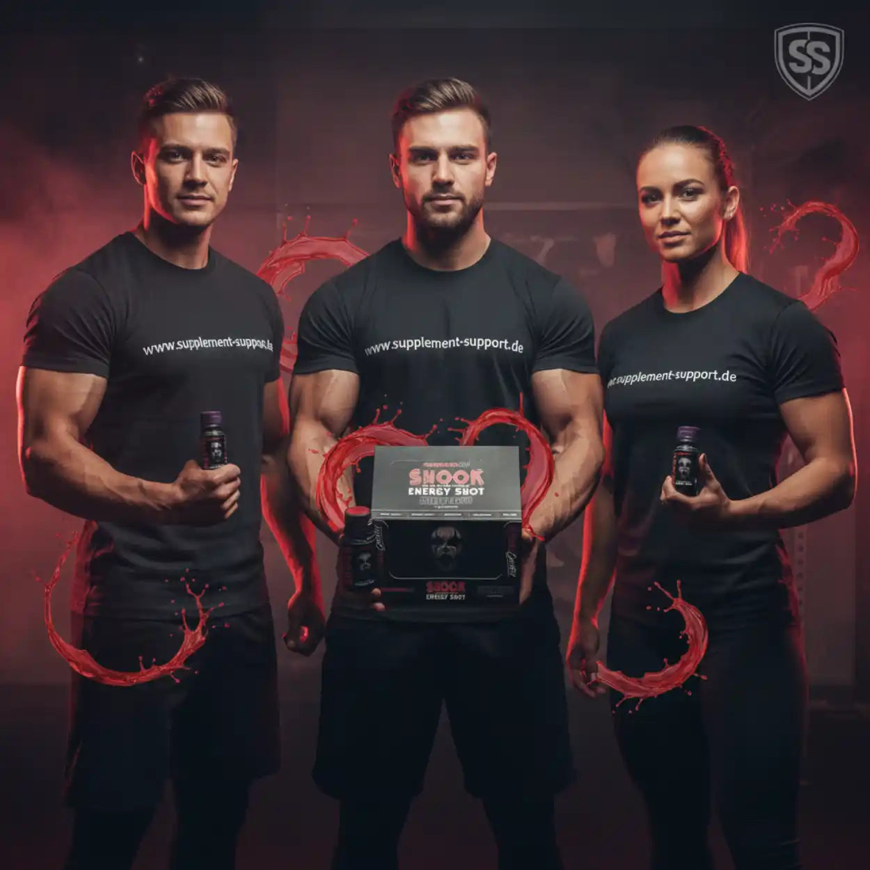 Muskeltrainierte Personen mit Energy Shot und Supplement-Produkten