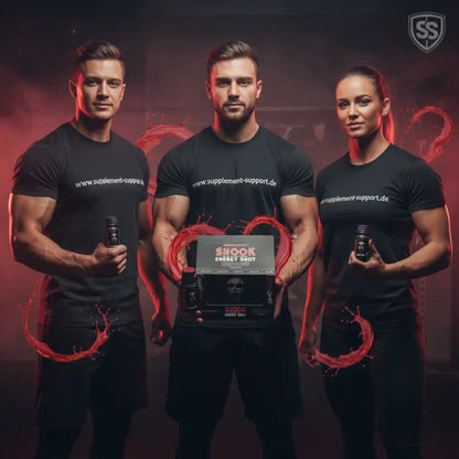 Muskeltrainierte Personen mit Energy Shot und Supplement-Produkten