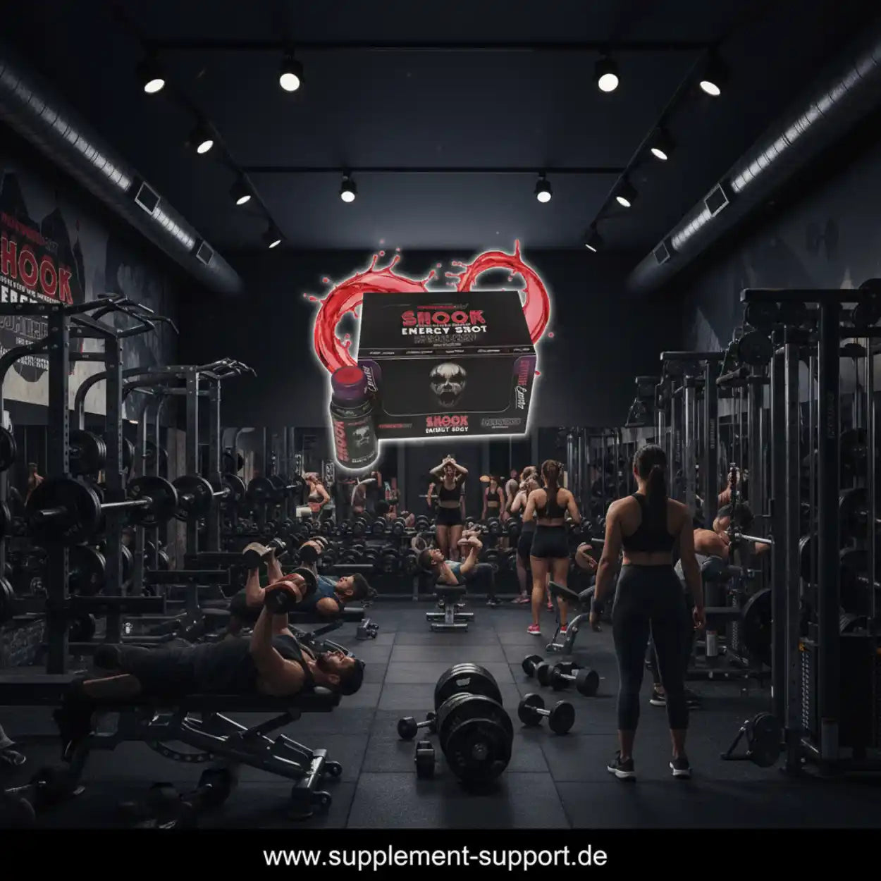 SHOOK Energy Shot im Fitnessstudio mit Sportlern und Trainingsgeräten