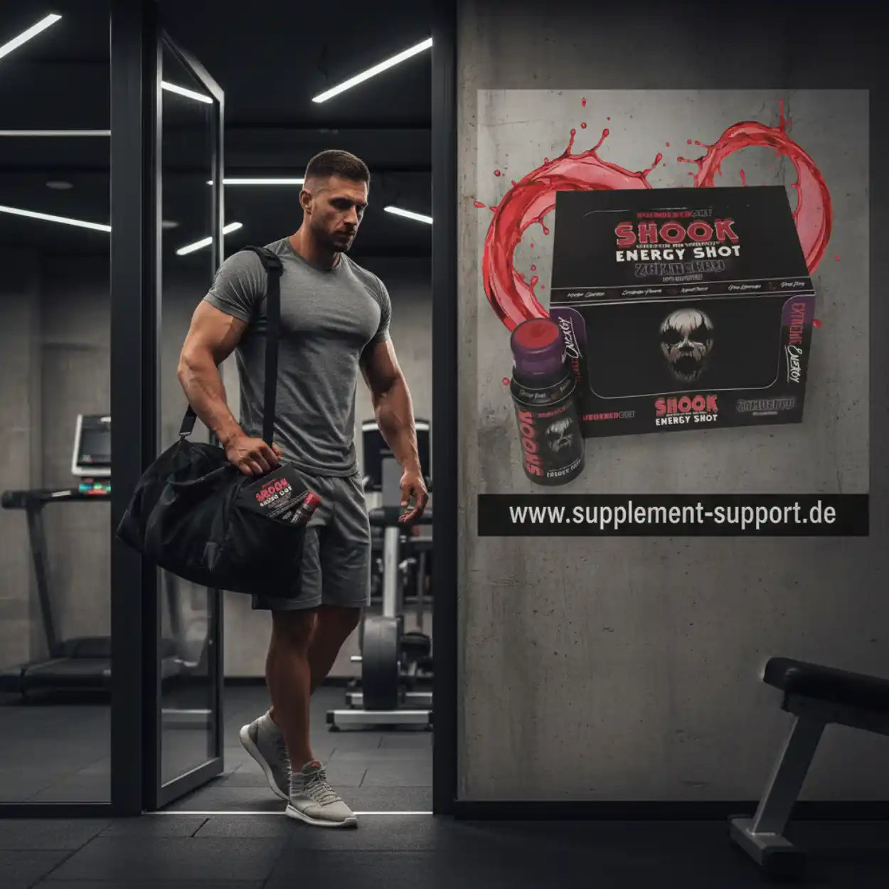 Muskulöser Mann mit SHOOK Energy Shot im Fitnessstudio – Protein, Booster, Vitamine
