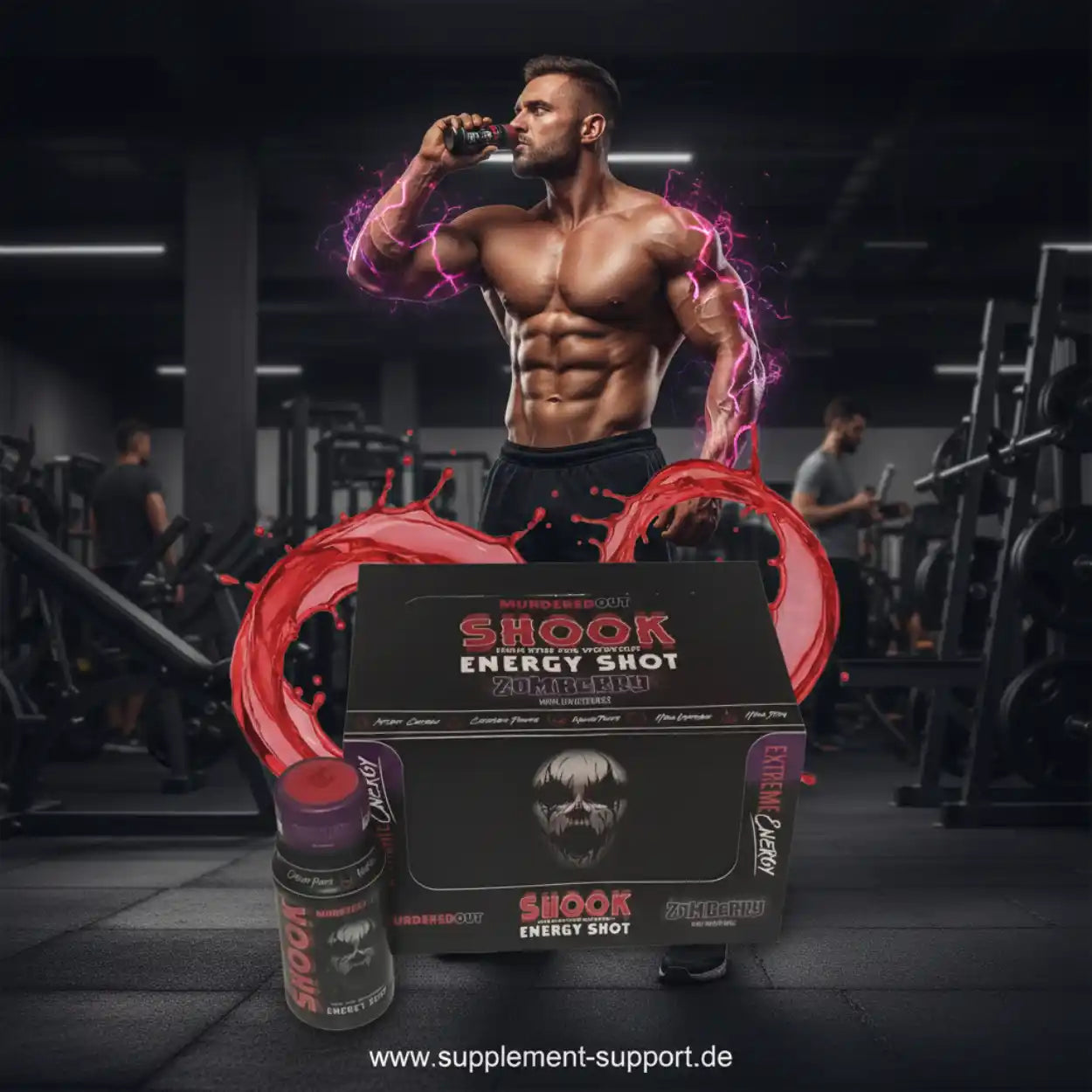 Muskulöser Mann trinkt SHOOK Energy Shot im Fitnessstudio – Zomberry Geschmack, Extreme Energy Booster