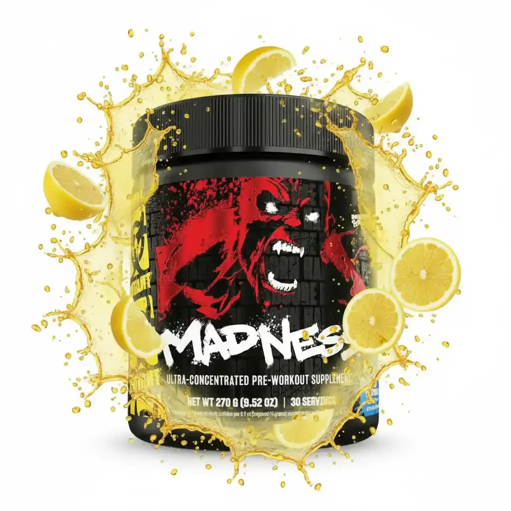 Madness Pre-Workout Supplement mit Zitronenscheiben und Spritzern