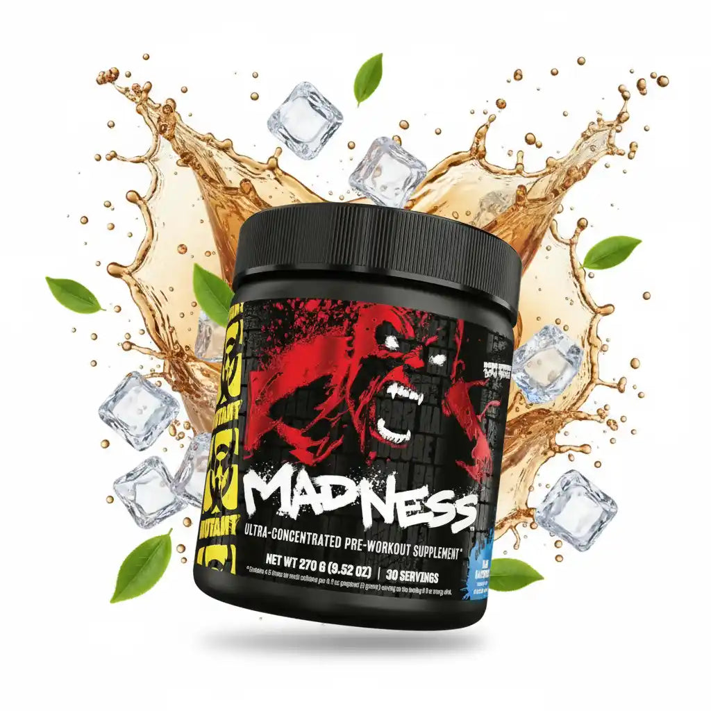 Madness Pre-Workout Supplement mit Energiebooster, Eiswürfeln und Spritzern – ideal für Sport und Training
