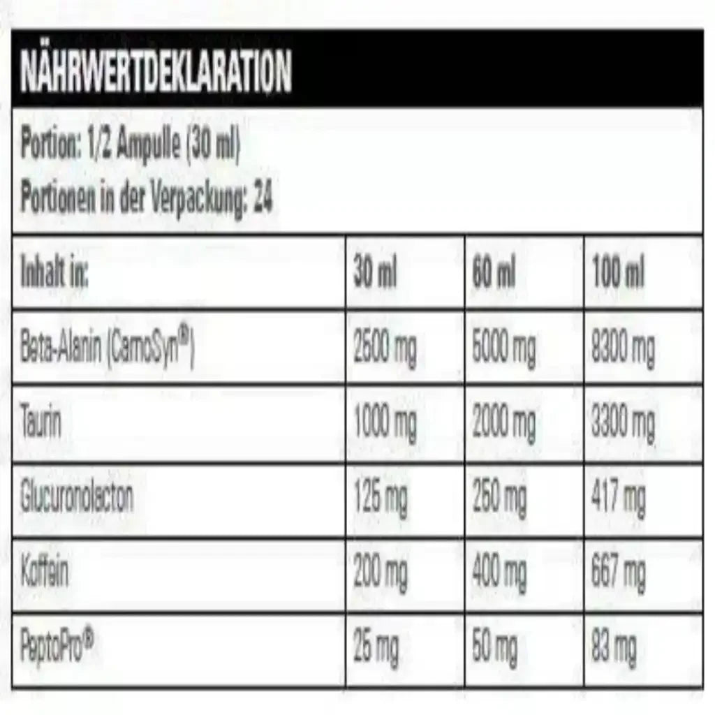 Nährwerttabelle für Napalm Xtreme Pre-Workout Booster Shot mit Angaben zu Beta-Alanin, Taurin, Koffein.