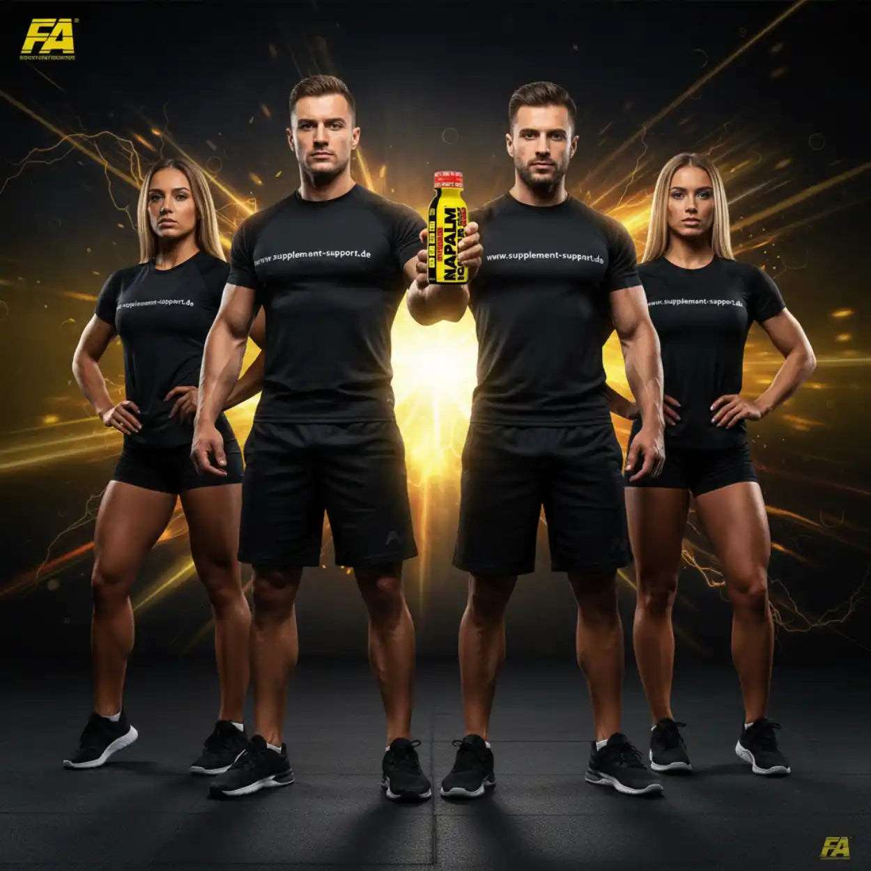 Muskeltrainierte Athleten mit Napalm Booster von Supplement Support – Protein & Sportnahrung