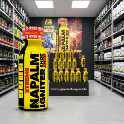XTREME Napalm Igniter Shot Juice – Energie-Booster für Sportler in gelber Flasche im Supplement-Shop