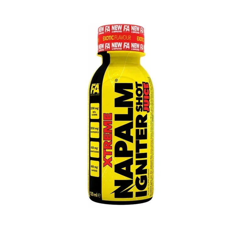 Napalm Xtreme Pre Workout Booster Shot 120ml, gelbe Flasche, Exotic Flavour, Supplement