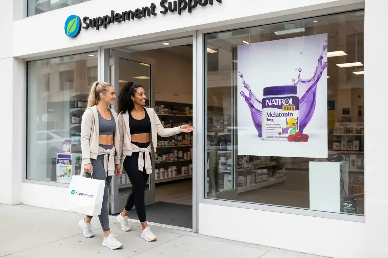 Zwei Frauen verlassen Supplement Support-Laden mit Einkaufstüte, im Fenster Natrol Kids Melatonin Werbung