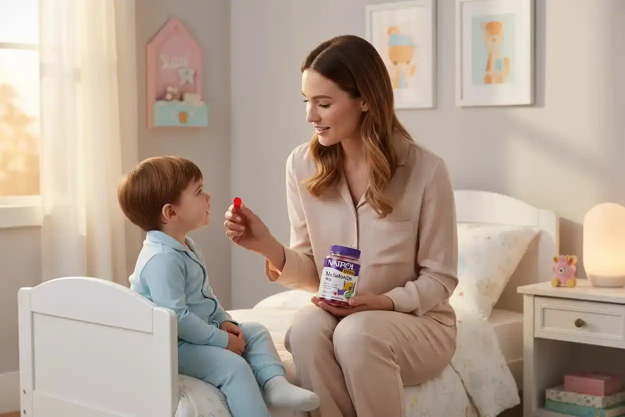 Mutter gibt Kind Melatonin Kapsel, Nahrungsergänzung für besseren Schlaf, Kindervitamine
