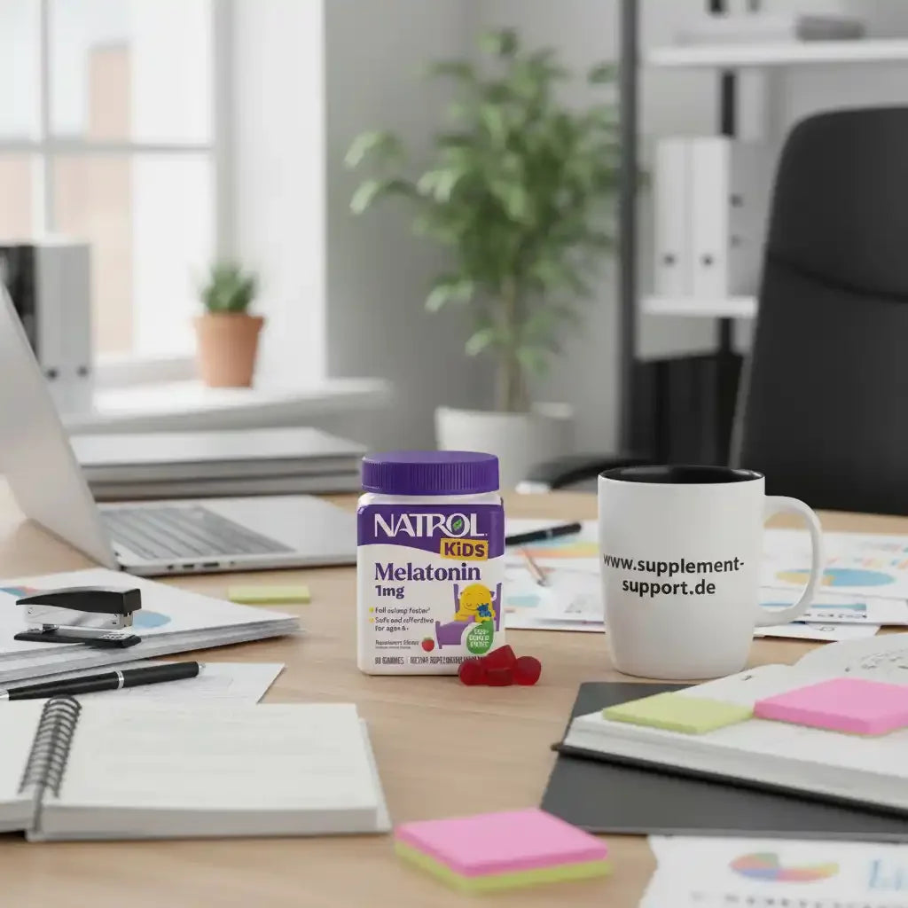 Natrol Kids Melatonin 1mg Gummies auf Schreibtisch mit Laptop und Tasse, ideal für Schlafunterstützung