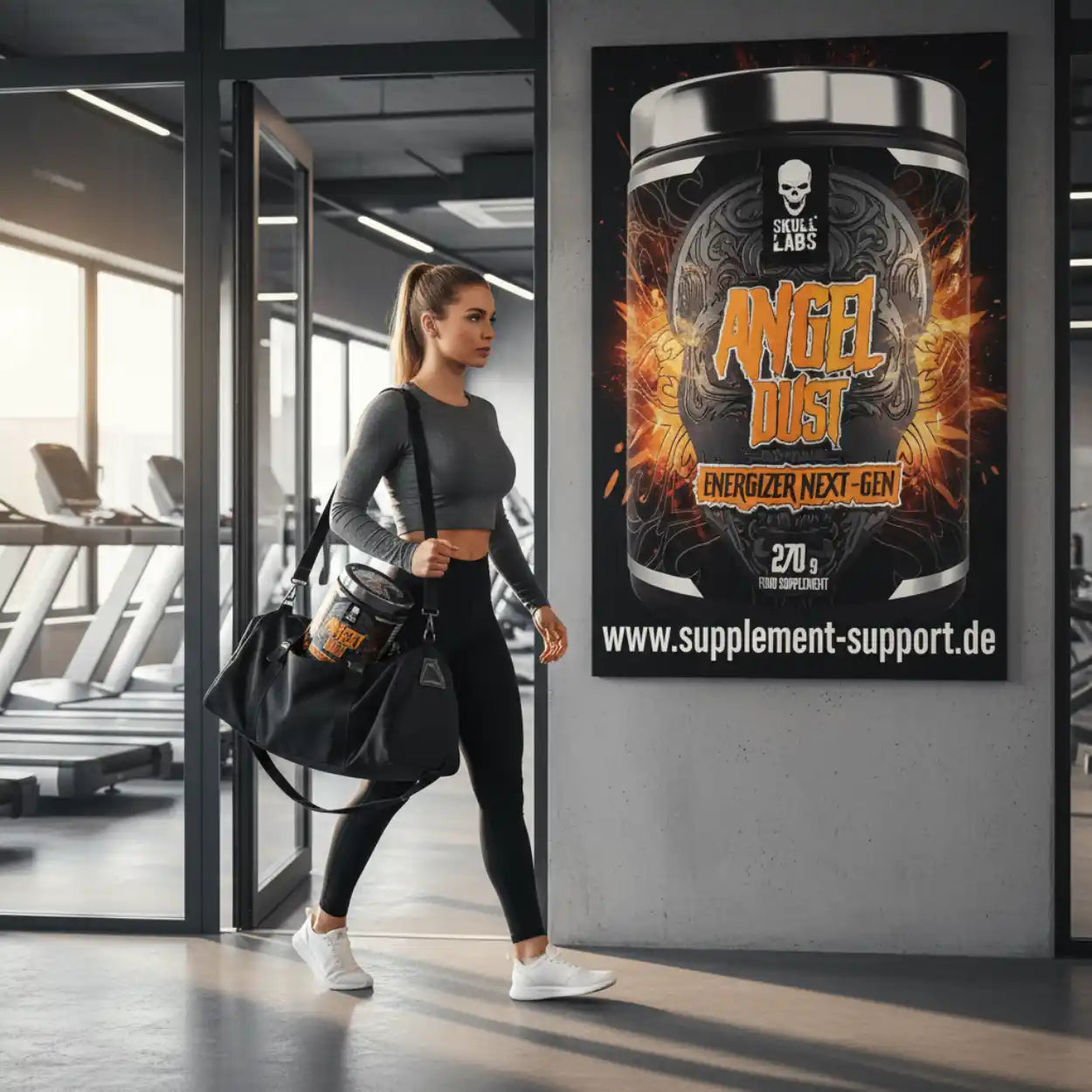 Frau mit Angel Dust Energizer Next-Gen von Skull Labs im Fitnessstudio, Nahrungsergänzungsmittel