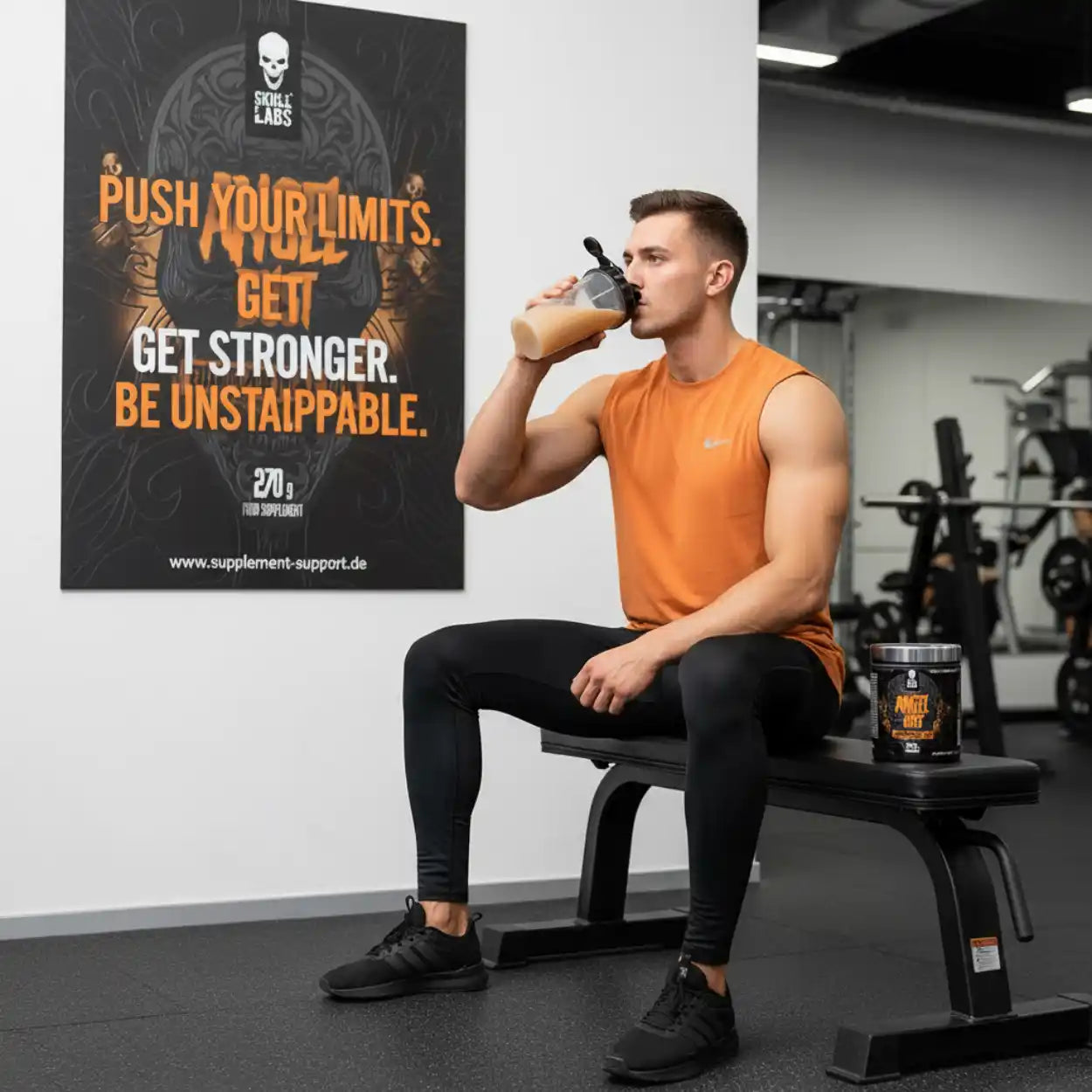Muskulöser Mann trinkt Proteinshake im Fitnessstudio, neben ihm Angel Dust Supplement von Skull Labs