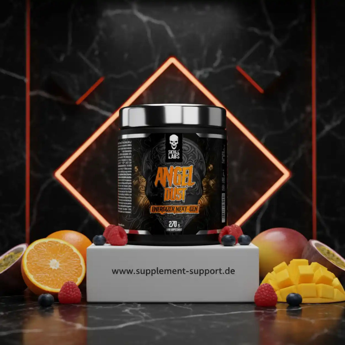 Angel Dust Energizer Next-Gen von Skull Labs mit frischen Früchten, ideal für Sportnahrung und Booster