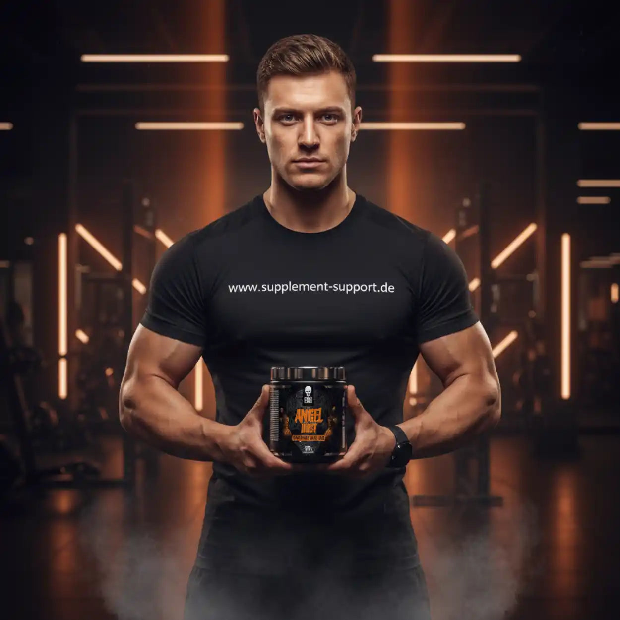Muskulöser Mann hält Protein-Booster Dose im Fitnessstudio, Nahrungsergänzung für Sportler