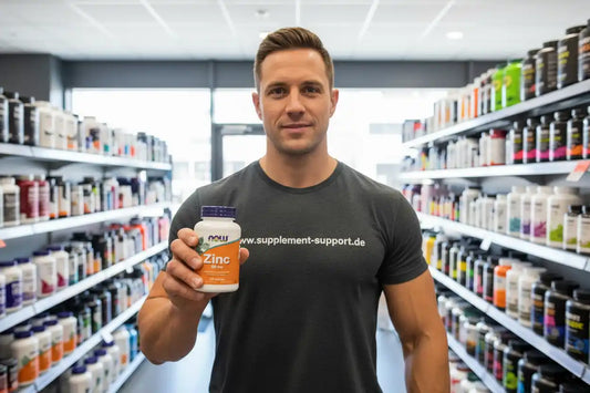 Mann im Supplement Support Shop zeigt NOW Foods Zinc 50 mg Tabletten, Regal mit Nahrungsergänzung