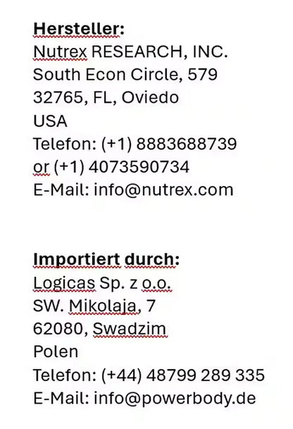 Hersteller- und Importeurinformationen für Nahrungsergänzungsmittel von Nutrex und Logicas