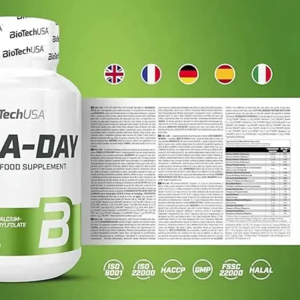 One A Day Multivitamin Tabletten Dose von BioTechUSA, grüne Verpackung, Supplement Icons